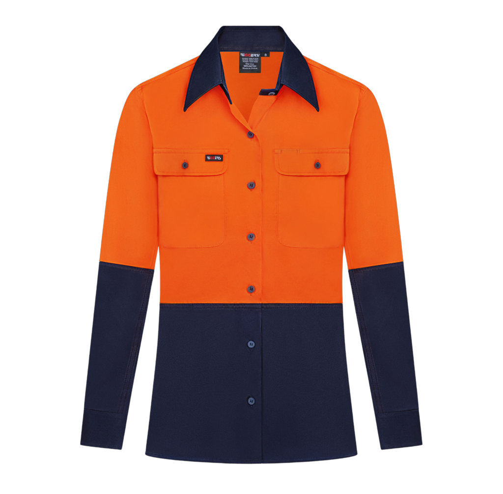 LADIES HI VIS ULTRA COOL LONG SLEEVE 100% COTTON VENTED SHIRT TWO TONE
