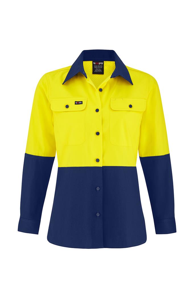 LADIES HI VIS ULTRA COOL LONG SLEEVE 100% COTTON VENTED SHIRT TWO TONE