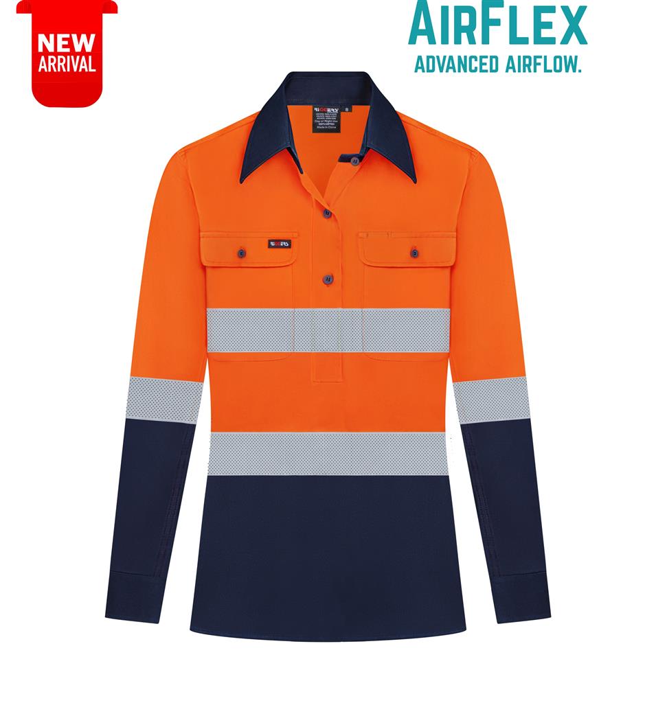 RIGGERS AIRFLEX LADIES LONG SLEEVE CLOSED FRONT COTTON DRILL SHIRT W/ PERFORATED REFLECTIVE TWO TONE