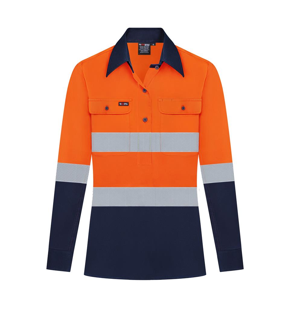 RIGGERS AIRFLEX LADIES LONG SLEEVE CLOSED FRONT COTTON DRILL SHIRT W/ PERFORATED REFLECTIVE TWO TONE