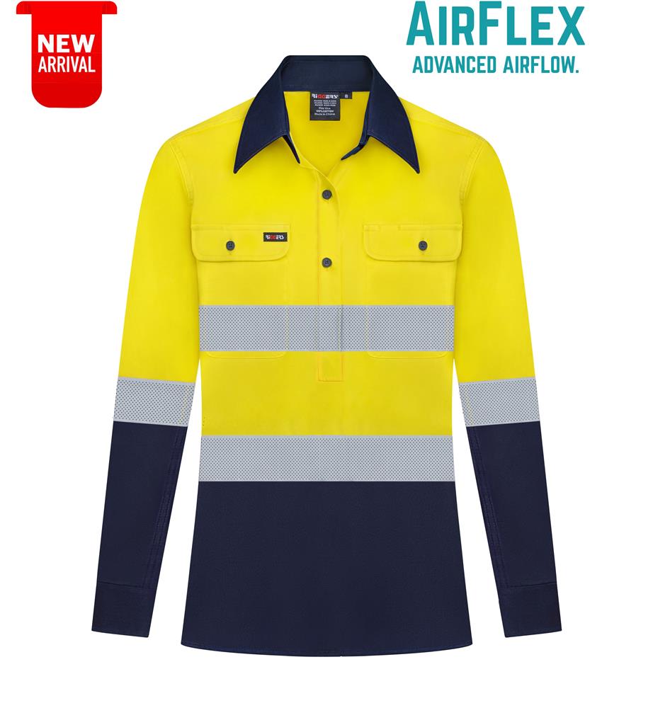 RIGGERS AIRFLEX LADIES LONG SLEEVE CLOSED FRONT COTTON DRILL SHIRT W/ PERFORATED REFLECTIVE TWO TONE