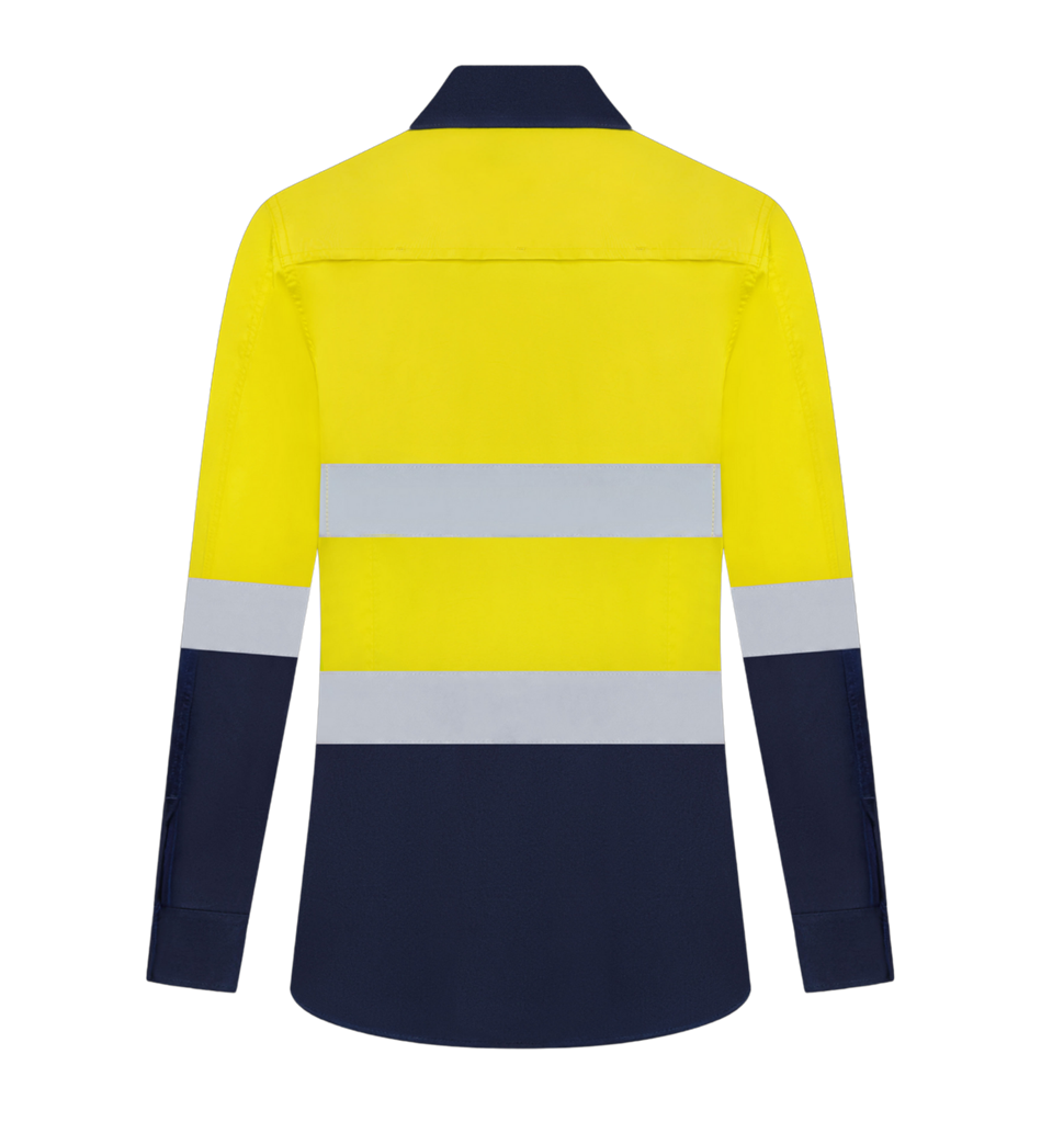 LADIES HI VIS ULTRA COOL LONG SLEEVE 100% COTTON VENTED SHIRT WITH REFLECTIVE TWO TONE