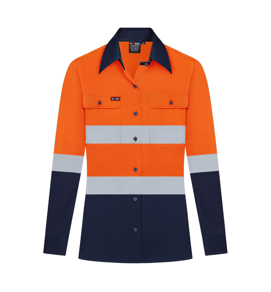 LADIES HI VIS LONG SLEEVE 100% COTTON DRILL SHIRT WITH REFLECTIVE TWO TONE