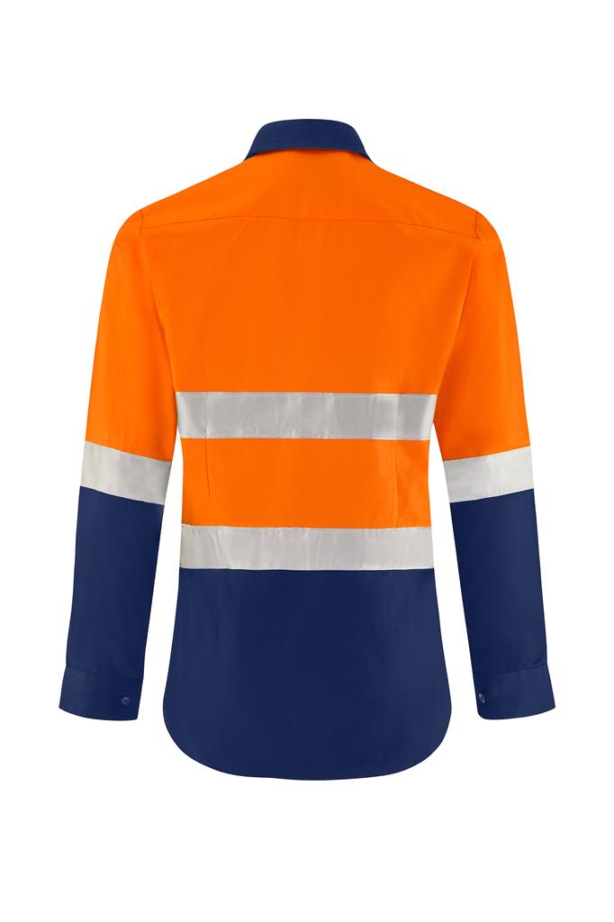 LADIES HI VIS LONG SLEEVE 100% COTTON DRILL SHIRT WITH REFLECTIVE TWO TONE