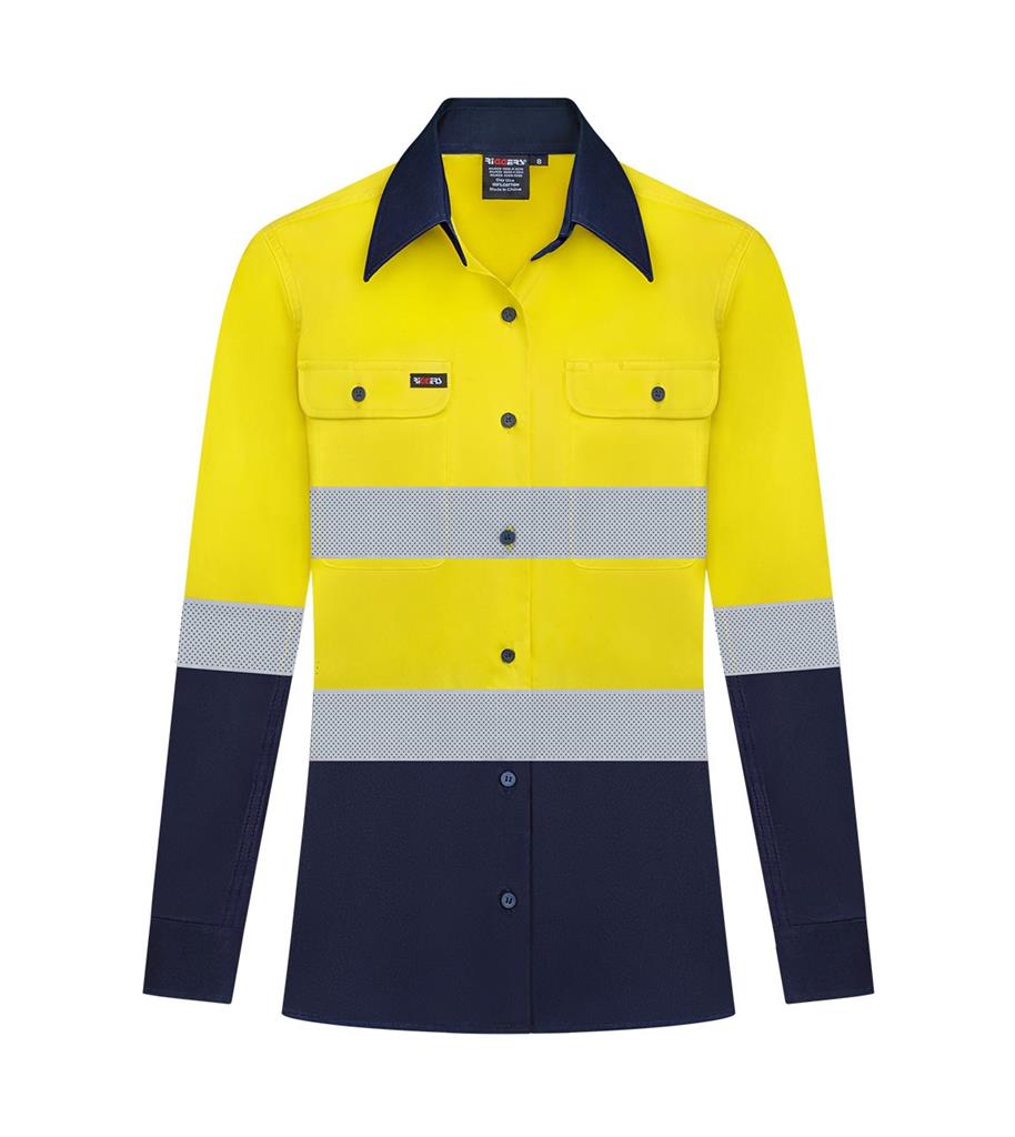 RIGGERS AIRFLEX LADIES LONG SLEEVE COTTON DRILL SHIRT WITH PERFORATED REFLECTIVE TWO TONE