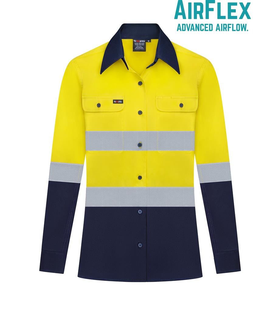 RIGGERS AIRFLEX LADIES LONG SLEEVE COTTON DRILL SHIRT WITH PERFORATED REFLECTIVE TWO TONE