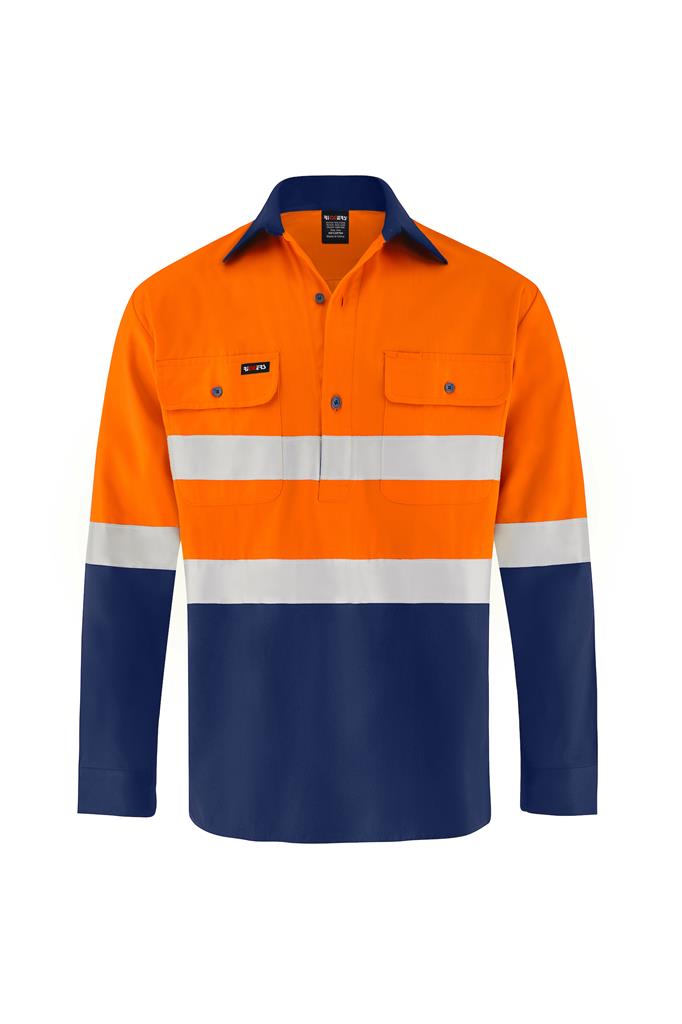 HI VIS LONG SLEEVE CLOSED FRONT 100% COTTON DRILL SHIRT WITH REFLECTIVE TWO TONE