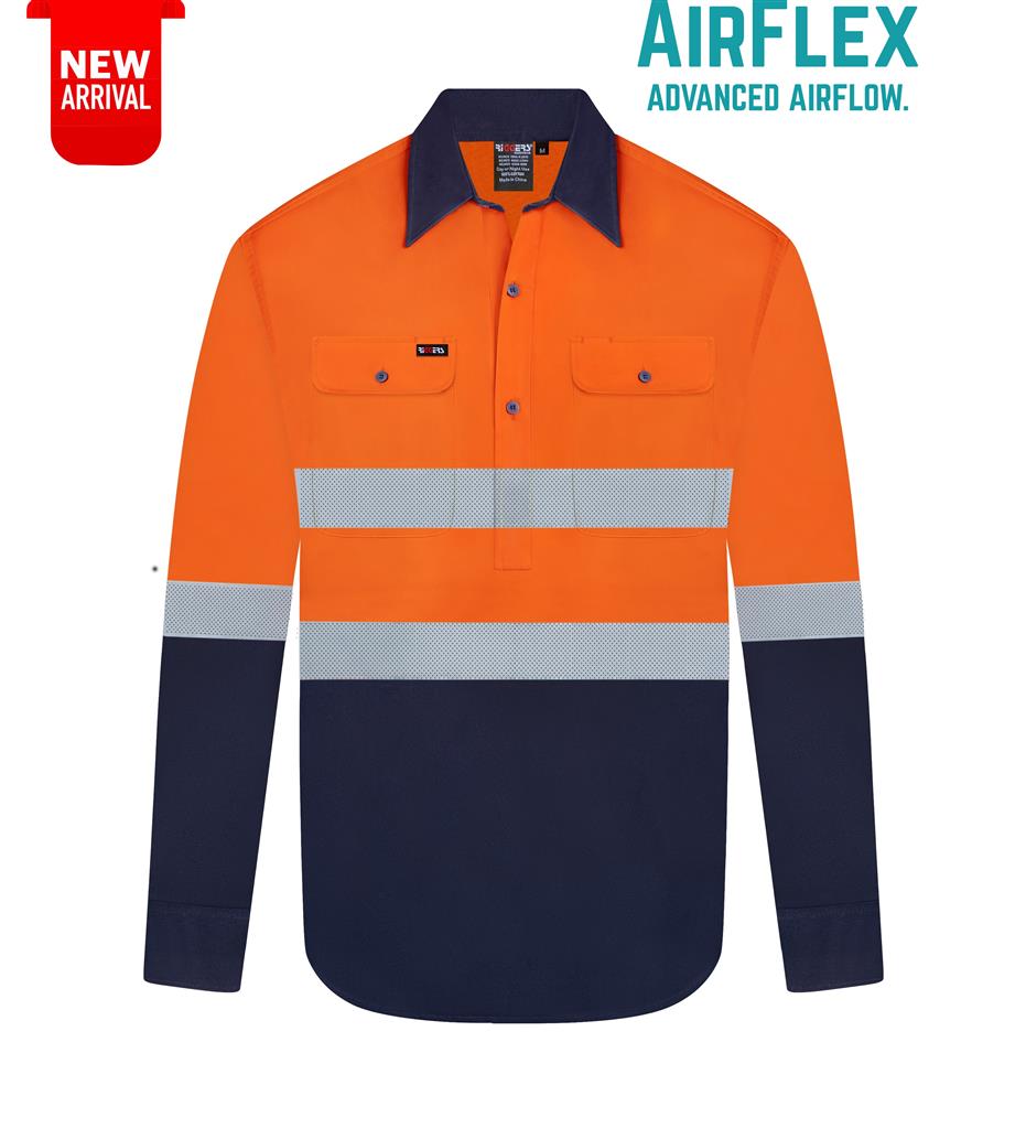 RIGGERS AIRFLEX LONG SLEEVE CLOSED FRONT COTTON DRILL SHIRT WITH PERFORATED REFLECTIVE TWO TONE