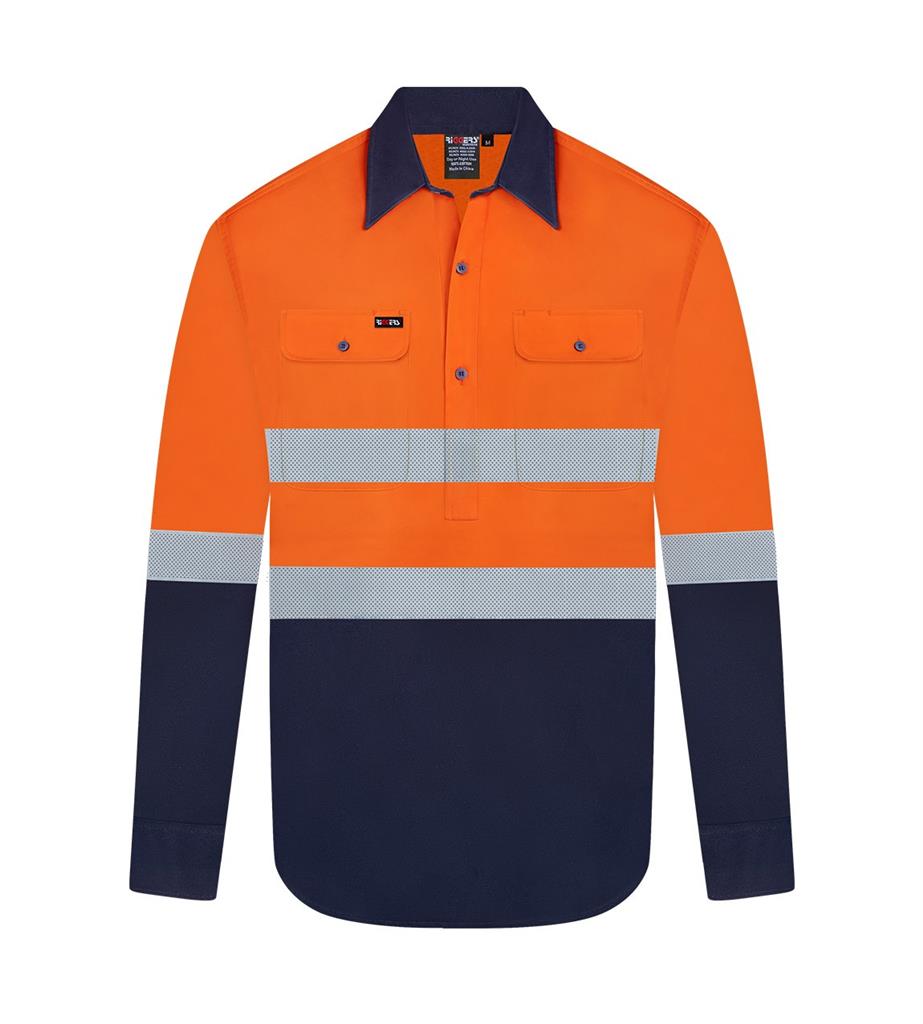 RIGGERS AIRFLEX LONG SLEEVE CLOSED FRONT COTTON DRILL SHIRT WITH PERFORATED REFLECTIVE TWO TONE