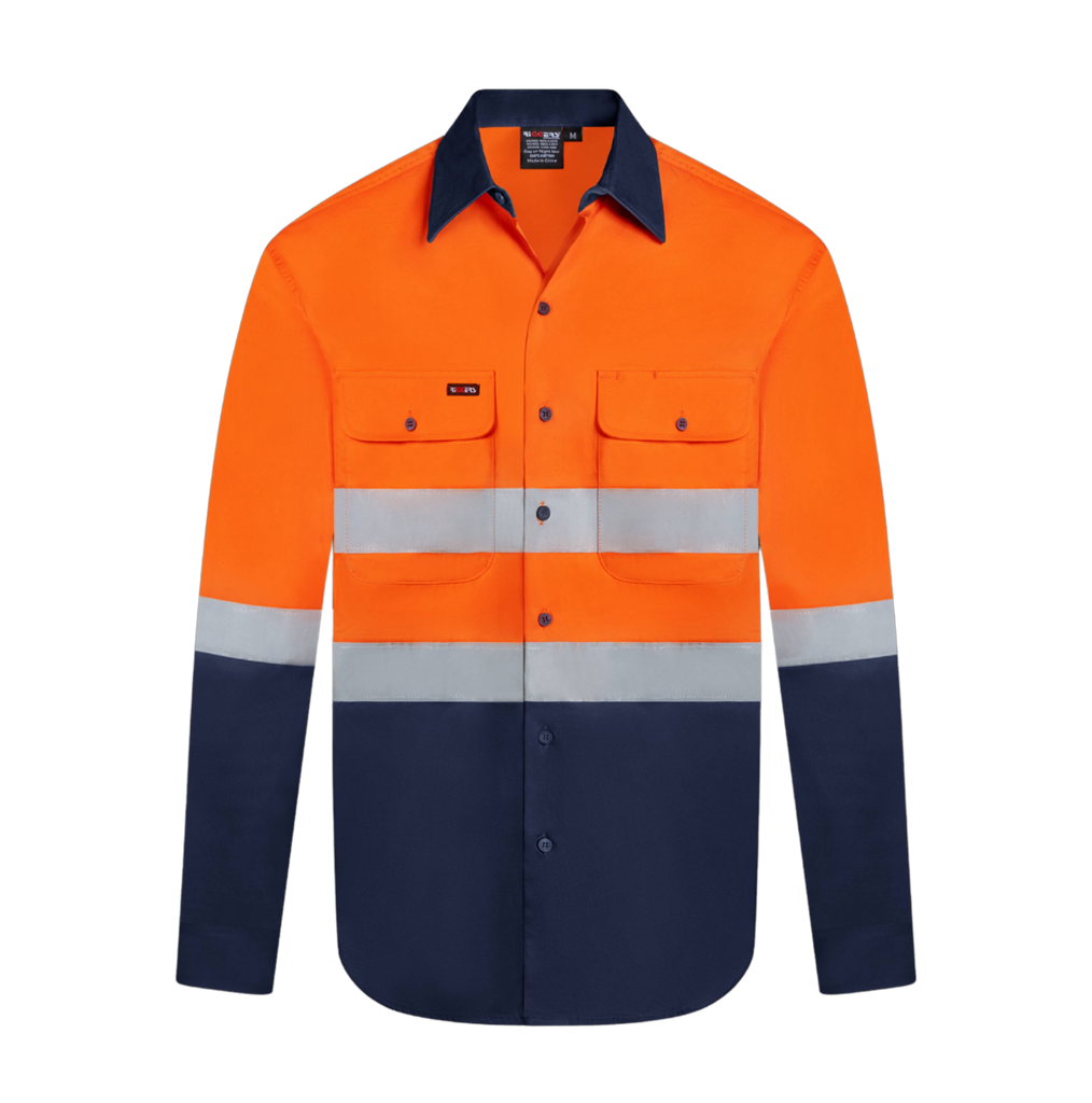 HI VIS LONG SLEEVE 100% COTTON DRILL SHIRT WITH REFLECTIVE TWO TONE
