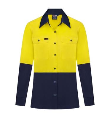 LADIES HI VIS ULTRA COOL LONG SLEEVE 100% COTTON VENTED SHIRT TWO TONE