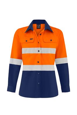 LADIES HI VIS ULTRA COOL LONG SLEEVE 100% COTTON VENTED SHIRT WITH REFLECTIVE TWO TONE