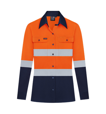LADIES HI VIS LONG SLEEVE 100% COTTON DRILL SHIRT WITH REFLECTIVE TWO TONE
