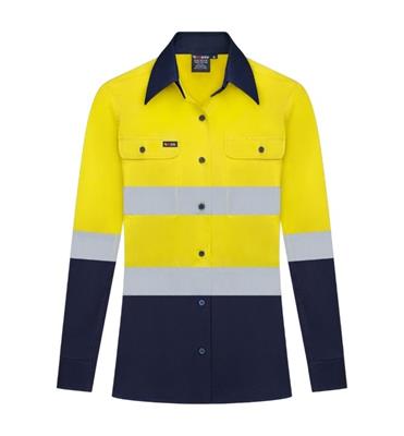 LADIES HI VIS LONG SLEEVE 100% COTTON DRILL SHIRT WITH REFLECTIVE TWO TONE