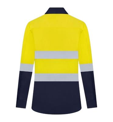 LADIES HI VIS LONG SLEEVE 100% COTTON DRILL SHIRT WITH REFLECTIVE TWO TONE