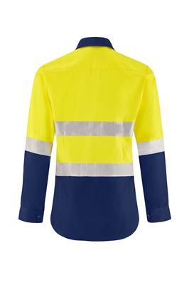 LADIES HI VIS LONG SLEEVE 100% COTTON DRILL SHIRT WITH REFLECTIVE TWO TONE