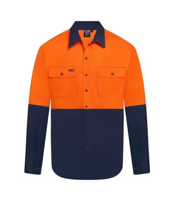 HI VIS LONG SLEEVE 100% COTTON DRILL SHIRT TWO TONE