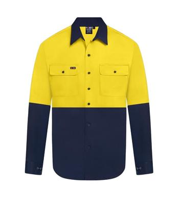 HI VIS LONG SLEEVE 100% COTTON DRILL SHIRT TWO TONE