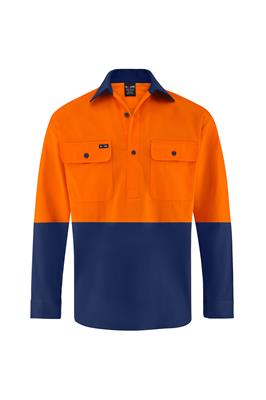 HI VIS LONG SLEEVE CLOSED FRONT 100% COTTON DRILL SHIRT TWO TONE