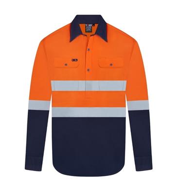 HI VIS LONG SLEEVE CLOSED FRONT 100% COTTON DRILL SHIRT WITH REFLECTIVE TWO TONE