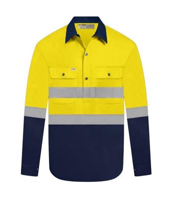 HI VIS LONG SLEEVE CLOSED FRONT 100% COTTON DRILL SHIRT WITH REFLECTIVE TWO TONE
