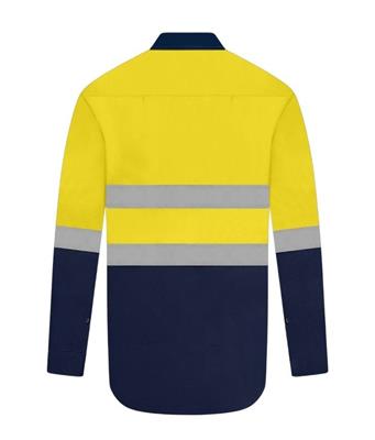 HI VIS LONG SLEEVE CLOSED FRONT 100% COTTON DRILL SHIRT WITH REFLECTIVE TWO TONE
