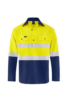 HI VIS LONG SLEEVE CLOSED FRONT 100% COTTON DRILL SHIRT WITH REFLECTIVE TWO TONE