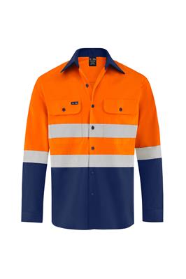 HI VIS ULTRA COOL LONG SLEEVE 100% COTTON VENTED SHIRT WITH REFLECTIVE TWO TONE