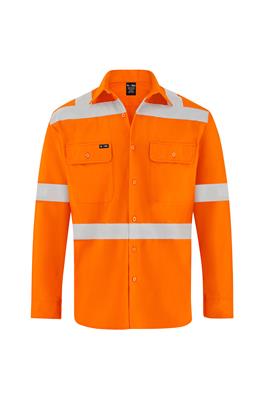 HI VIS LONG SLEEVE 100% COTTON DRILL SHIRT WITH X STYLE REFLECTIVE