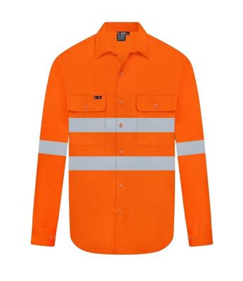 HI VIS LONG SLEEVE 100% COTTON DRILL SHIRT WITH REFLECTIVE
