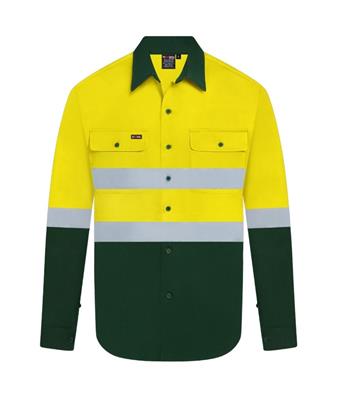 HI VIS LONG SLEEVE 100% COTTON DRILL SHIRT WITH REFLECTIVE TWO TONE