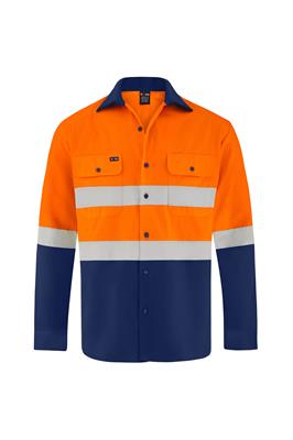 HI VIS LONG SLEEVE 100% COTTON DRILL SHIRT WITH REFLECTIVE TWO TONE