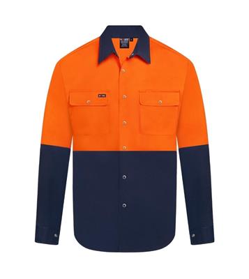 HI VIS LONG SLEEVE SNAP BUTTON 100% COTTON DRILL SHIRT TWO TONE