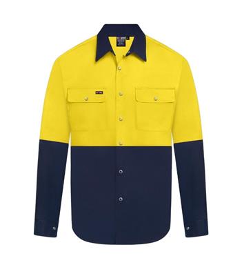 HI VIS LONG SLEEVE SNAP BUTTON 100% COTTON DRILL SHIRT TWO TONE